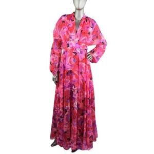 Vintage 1970s Red Pink Purple Chiffon Floral with Keyhole Cutout Small